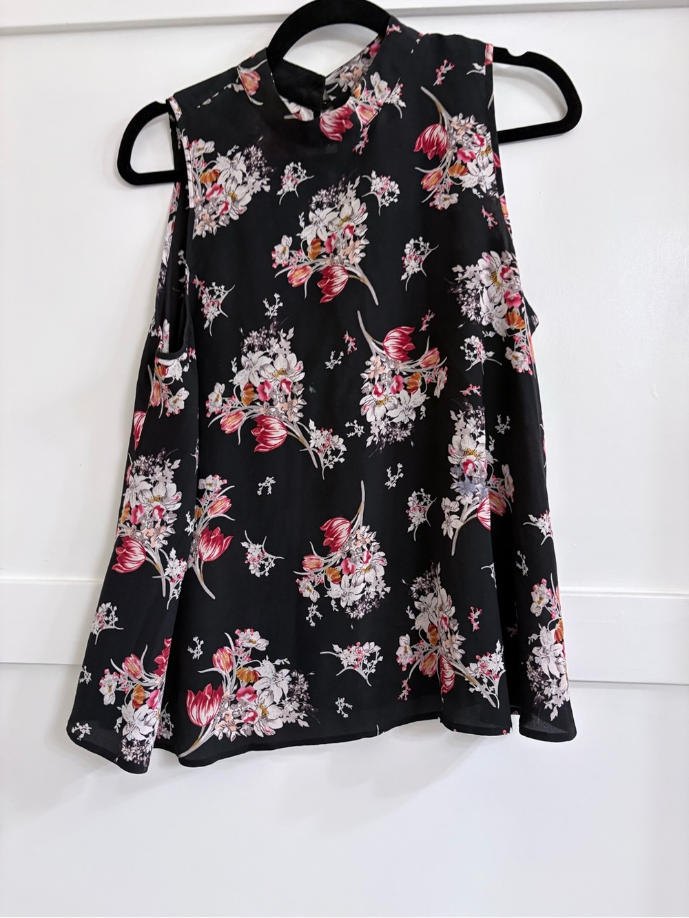 Maeve Black Floral Sleeveless Top with Pink & Cream Blooms